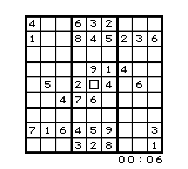 Partida de SudoGhu no Game Boy: tabuleiro de sudoku em tons de cinza com algumas pistas e o cursor numa célula vazia