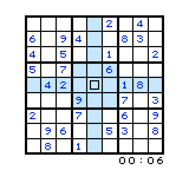 Partida de SudoGhu DX no Game Boy Color: tabuleiro com números azuis e a linha e a coluna do cursor destacadas em azul-claro