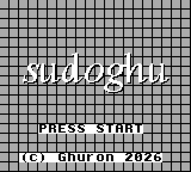 Tela de título de SudoGhu no Game Boy: logo cursivo "sudoghu" em tons de cinza sobre fundo quadriculado, com "PRESS START"