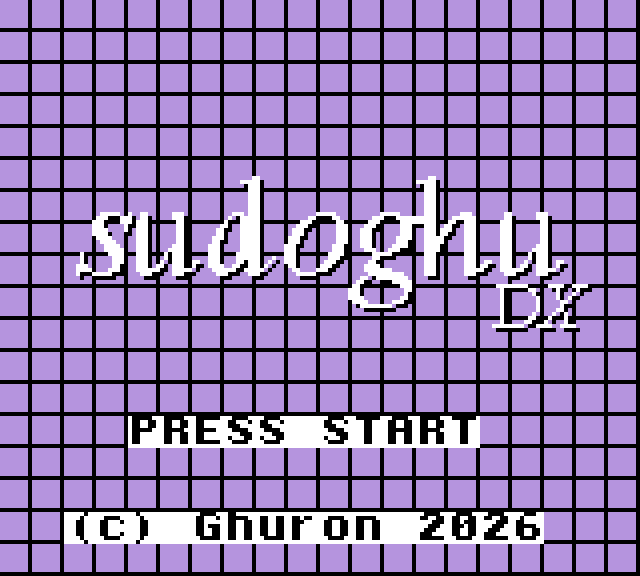 Tela de título de SudoGhu no Game Boy Color: logo "sudoghu DX" sobre fundo lilás quadriculado, com "PRESS START"